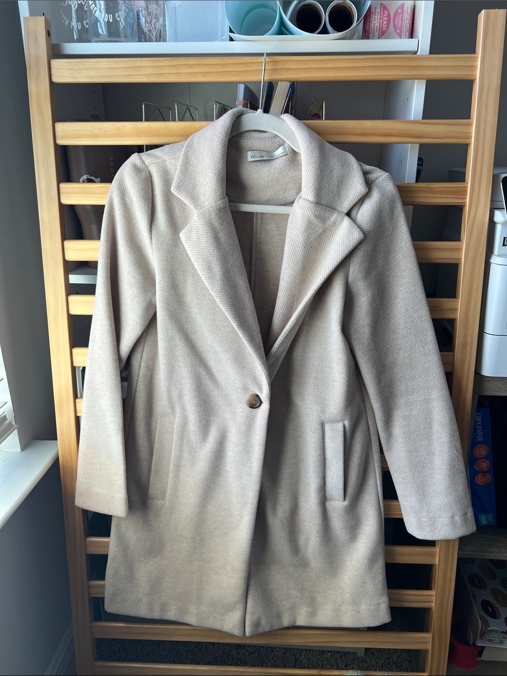 Women's Cream Single-Button Wool-Blend Coat